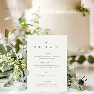 Letrero de buffet para menú de comida de boda, elegante y minimalista, decoración para la mesa de recepción, plantilla editable e imprimible de Canva, descarga instantánea (WSS04)