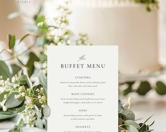 Letrero de buffet para menú de comida de boda, elegante y minimalista, decoración para la mesa de recepción, plantilla editable e imprimible de Canva, descarga instantánea (WSS04)