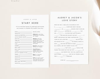 May include: A printable love story game for couples. The game features a blank template with fill-in-the-blank prompts to create a personalized love story. The game is titled "Audrey & Jacob's Love Story".