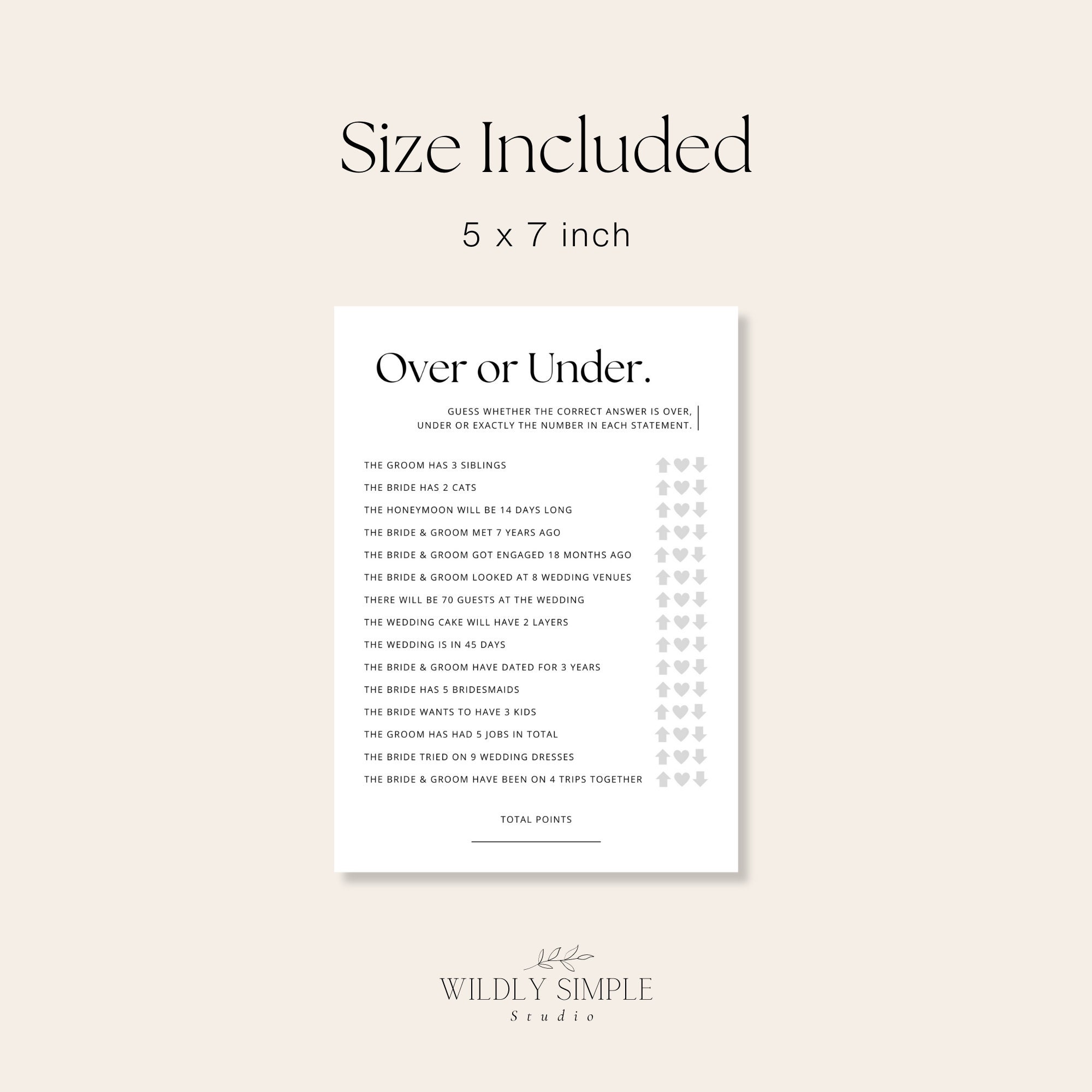 Over or Under Bridal Shower Game, Printable Bachelorette Party Activity ...