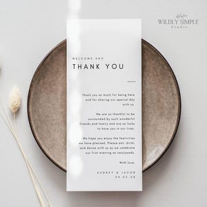 Tarjeta de bienvenida y agradecimiento para la mesa, nota para servilletas, arreglos de mesa para la recepción de bodas, plantilla editable e imprimible de Canva - WSS05