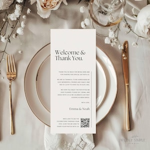 Cartão de agradecimento com código QR, agradecimento de casamento por ter vindo, conjunto de mesa, nota de boas-vindas para recepção para impressão, modelo editável Canva WSS05