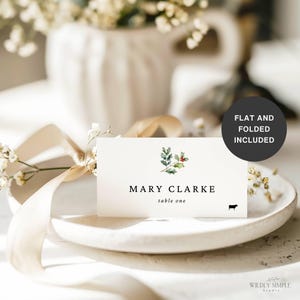 Cartões de lugar com escolha de refeição Natal, cartão de nome para festa de fim de ano com ícones de menu, decoração de mesa de casamento festivo, modelo Canva editável, WSS07