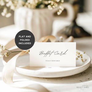 Cartões de menu de buffet de casamento, rótulos de alimentos para impressão, decoração de script elegante, minimalista moderno, modelo Canva editável, download instantâneo, WSS04
