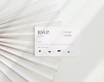 Tarjeta RSVP con opciones de comidas, tarjeta de respuesta minimalista, tarjeta de respuesta a requisitos dietéticos, recepción de bodas, plantilla editable de Canva - WSS03