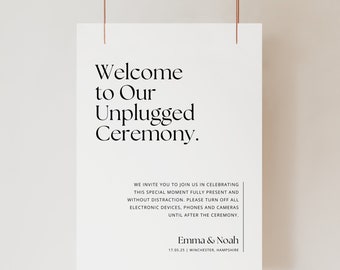 Welcome to Our Unplugged Ceremony Sign, No Phones, No Cameras, Modern Minimalist Wedding, Editable Canva Template, Instant Download - WSS03