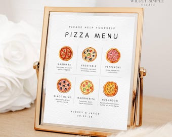 May include: A printable wedding sign with a pizza menu. The sign features six different pizza options with watercolor illustrations of each pizza. The text on the sign reads "Please help yourself Pizza Menu" and lists the pizza options as Marinara, Vegetable, Pepperoni, Black Olive, Margherita, and Mushroom. The sign also includes the names Audrey & Jacob and the date 20.05.28.