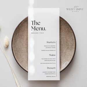 Schlankes Hochzeitsmenü, modernes minimalistisches Abendessen, einfache schicke Lebensmittelkarte, sofortiger Download, druckbare bearbeitbare Canva-Vorlage - WSS03