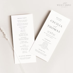 Op de afbeelding: Een programma voor een huwelijksceremonie met de namen Cecilia en Thomas, de datum zaterdag 17 mei en de locatie Winchester, Hampshire. Het programma bevat de bruiloftsgasten, details over de ceremonie en een bedankbericht.