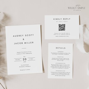 Könnte beinhalten: Hochzeits-Einladungssuite im minimalistischen Schwarz-Weiß-Design. Die Einladungskarte zeigt die Namen Audrey Scott und Jacob Miller, das Hochzeitsdatum 20. Mai 2028 und den Ort The Old Chapel in Winchester, Hampshire. Die RSVP-Karte enthält einen QR-Code und die Website www.ourwedding.com. Die Detailkarte listet die Informationen zu Zeremonie, Empfang, Unterkunft und Transport auf.