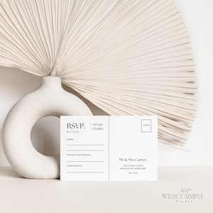 Carte postale RSVP pour mariage avec demande de chanson, carte-réponse minimaliste, carte-réponse moderne, exigences alimentaires, modèle canva modifiable - WSS03