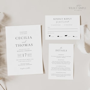 May include: Wedding invitation suite with a minimalist design. The invitation features the names "Cecilia and Thomas" in a simple black font. The RSVP card includes a "Kindly Reply" heading and options for guests to indicate their attendance. The details card provides information about the ceremony, reception, accommodation, and transportation.
