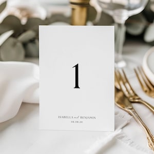 May include: A white table number card featuring the number 1 in black. The card is printed with the names "Isabella and Benjamin" and the date "06.08.2x". The card is placed on a white tablecloth, with gold cutlery visible.