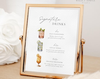 Signature Drinks His Hers Ours, Printable Wedding Bar Menu, Three Cocktails Table Sign, Editable Canva Template, Instant Download - WSS04