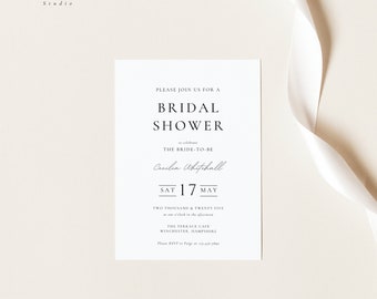 May include: A white bridal shower invitation with black text. The invitation reads "Please join us for a bridal shower to celebrate the bride-to-be Cecilia Whitchall, Sat 17 May Two Thousand & Twenty Five at one o'clock in the afternoon The Terrace Cafe Winchester, Hampshire Please RSVP to Paige at 123-416-7890"