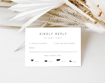 RSVP Card With Meal Option, Printable Wedding Reply With Menu Choice Icons, Simple Minimal Response Insert, Editable Canva Template, WSS05