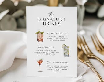 Signature Drinks His Hers Ours, Printable Wedding Bar Menu, Three Cocktails Table Sign, Editable Canva Template, DIY Instant Download, WSS02