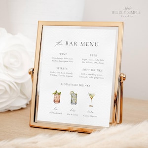 Menu Cash Bar, Znak na stół weselny, Piwo i wino, Napoje firmowe, Elegancki nowoczesny minimalizm, Edytowalny szablon Canva, Natychmiastowe pobranie, WSS04