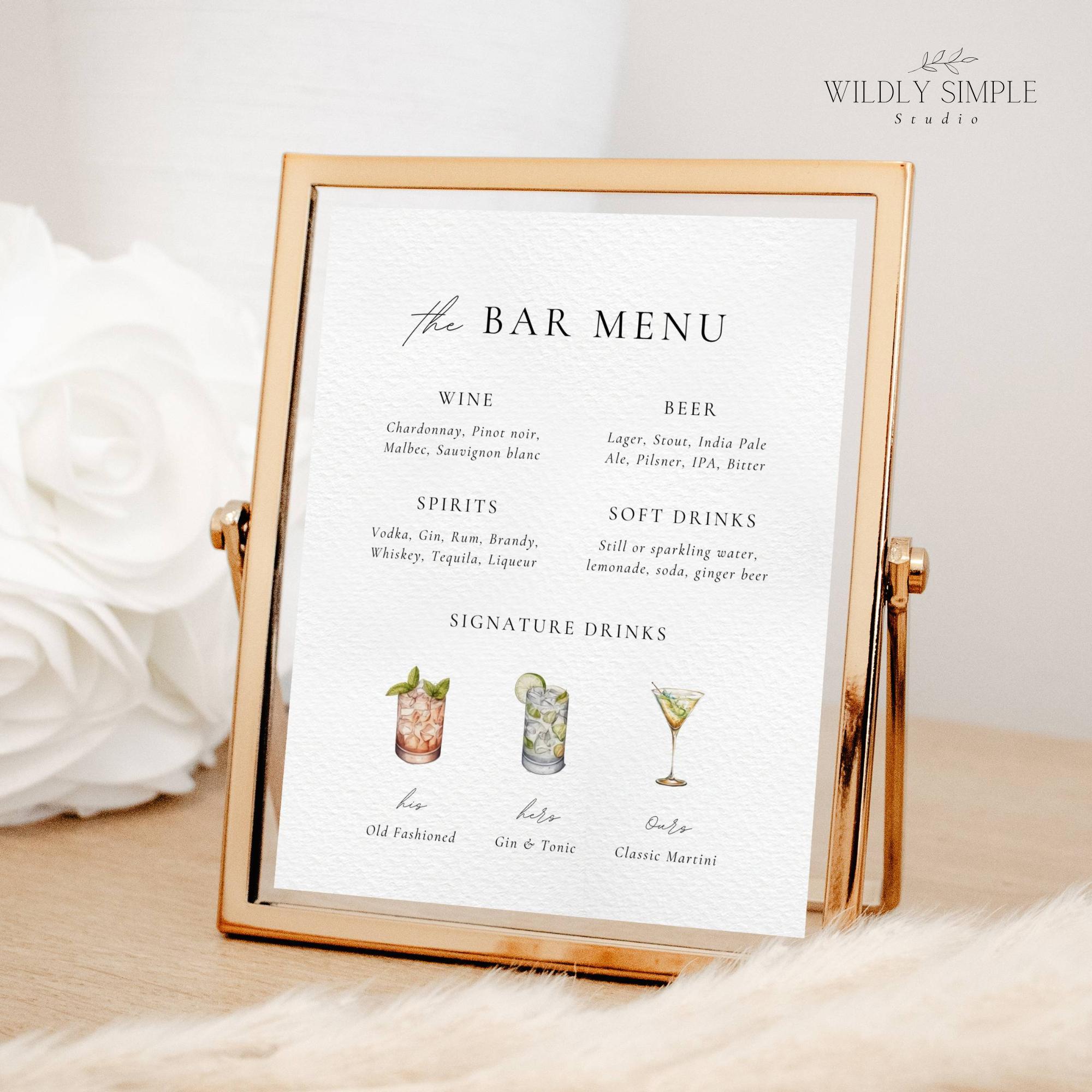 Cash Bar Menu, Wedding Table Sign, Beer and Wine, Signature Drinks, Elegant Modern Minimal, Editable Canva Template, Instant Download, WSS04