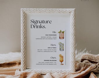 Signature Drinks His Hers Ours, Printable Wedding Bar Menu, Three Cocktails Table Sign, Editable Canva Template, Instant Download - WSS03