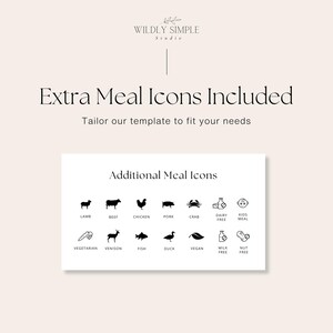 May include: A digital template with the text "Extra Meal Icons Included" and "Tailor our template to fit your needs." Below are black icons representing various food options, including lamb, beef, chicken, pork, crab, and more. The template also includes icons for dietary restrictions.
