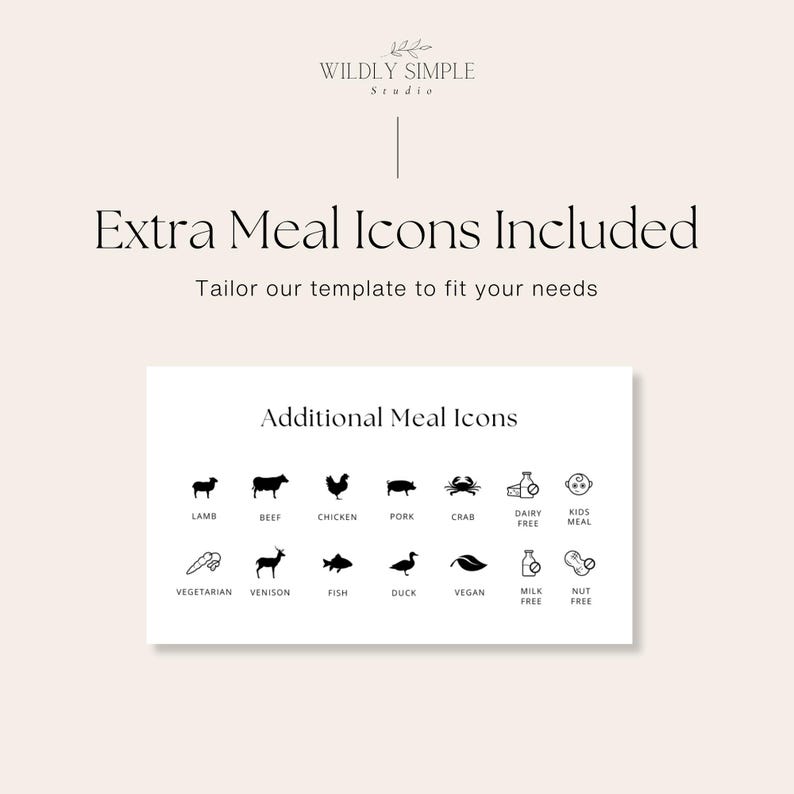 May include: A digital template with the text "Extra Meal Icons Included" and "Tailor our template to fit your needs." Below are black icons representing various food options, including lamb, beef, chicken, pork, crab, and more. The template also includes icons for dietary restrictions.