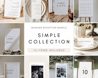 Peut inclure: Ensemble de papeterie de réception de mariage, comprenant des panneaux, des menus et des cartes de table. Les panneaux présentent une typographie élégante et des designs minimalistes. L'ensemble comprend un menu de bar, un panneau de livre d'or et des cartes de numéros de table.