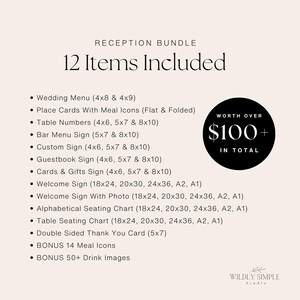 May include: A wedding reception bundle graphic with a list of 12 items, including menus, place cards, table numbers, and signs. The image also includes a circular graphic stating "Worth Over $100+ in Total."