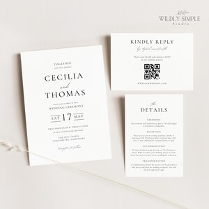 May include: Wedding invitation suite with black text on white cardstock. The invitation features the names Cecilia and Thomas, the date Saturday, May 17th, and the location The Old Chapel, Winchester, Hampshire. The RSVP card includes a QR code and the text "Kindly Reply by April month". The details card includes the text "The Details" and lists the ceremony, reception, accommodation, and transportation.