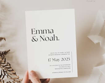 May include: A minimalist wedding invitation with black text on a white background. The invitation reads "Emma & Noah. Invite you to share in their intimate wedding ceremony on 17 May 2025 at 3 o'clock in the afternoon Village City Hall Winchester, Hampshire Dinner & drinks to follow."