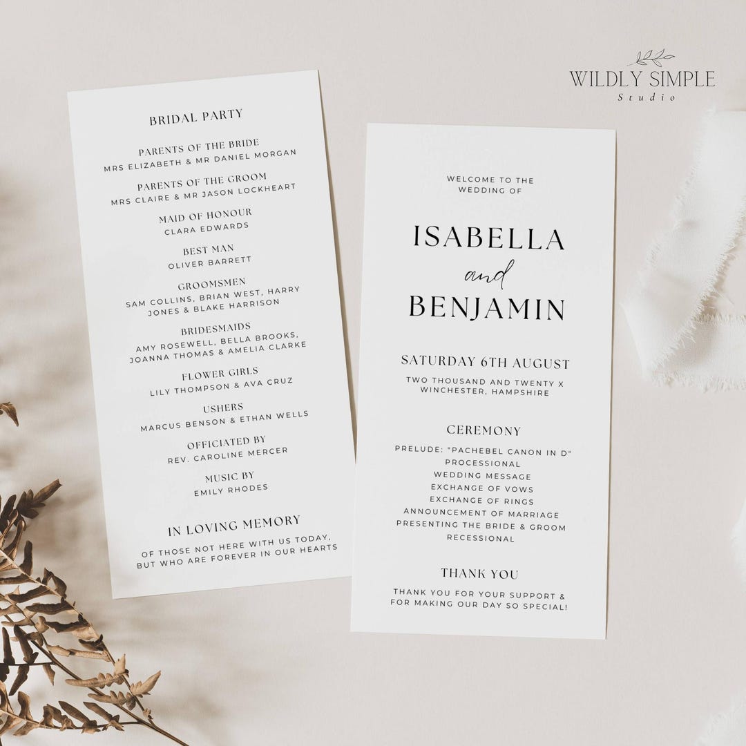 Long Wedding Program, Slim Elegant Order of Service, Double Sided ...