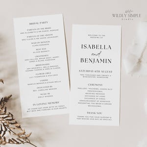May include: Two white wedding programs with black text. One program lists the bridal party, including the bride and groom's parents, maid of honor, best man, groomsmen, bridesmaids, flower girls, and ushers. The other program welcomes guests to the wedding of Isabella and Benjamin.