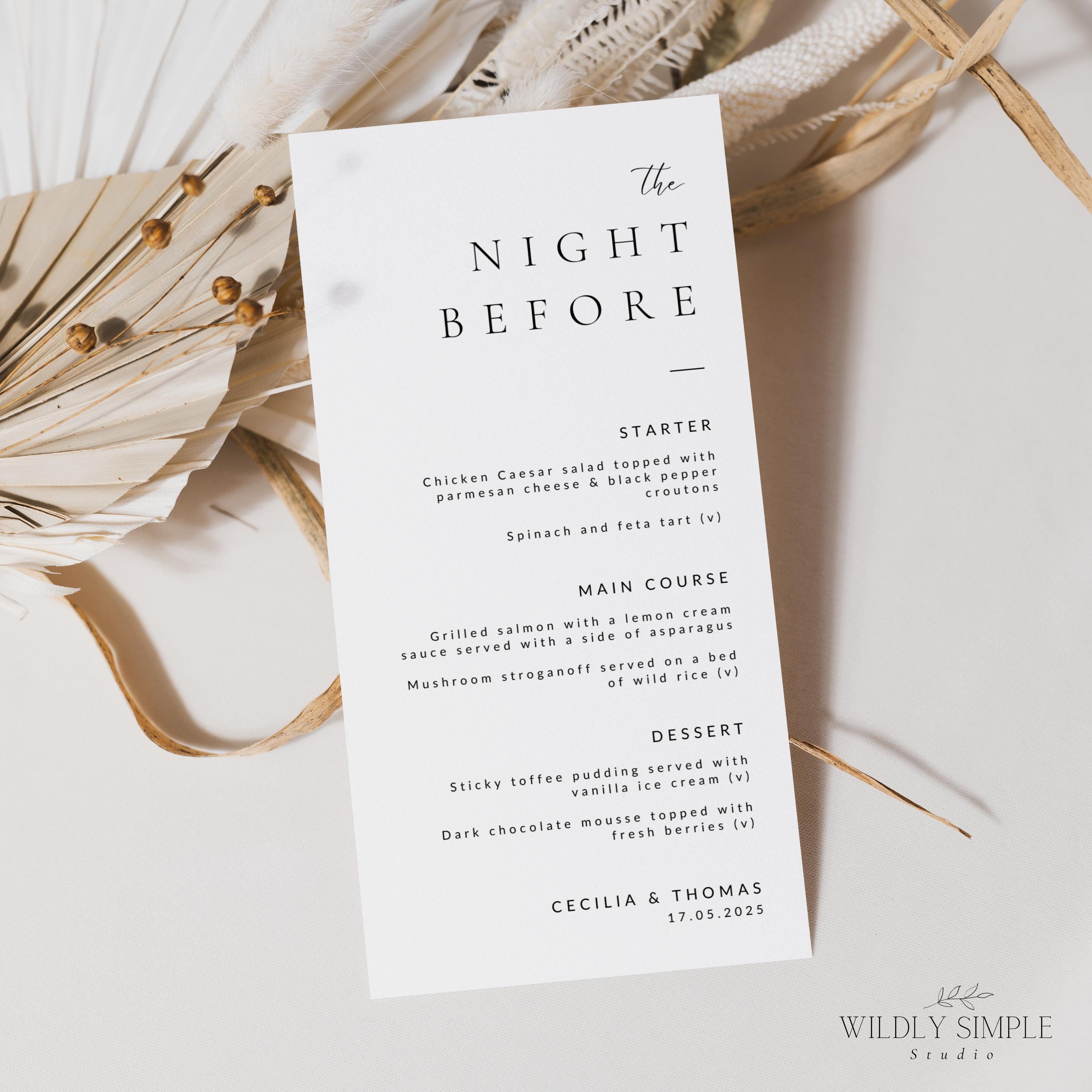 Rehearsal Dinner Menu Template, the Night Before Setting Card, Elegant