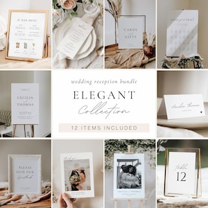 May include: A selection of wedding reception stationery, including bar menus, table cards, and signage. The items feature elegant typography and a neutral colour palette, with gold frames and wooden easels.