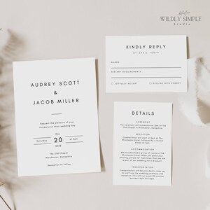 Faire-part de mariage simple à télécharger, ensemble de cartes de détails d'invitation RSVP imprimables, lot de modèles de toile modifiable minimaliste moderne, WSS05