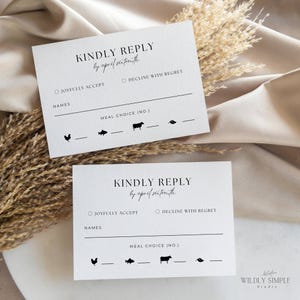 Carte RSVP avec choix de repas, icônes d'options de repas pour mariage, carte de sélection de menu pour le dîner de réception, veuillez répondre, modèle de toile modifiable, WSS02