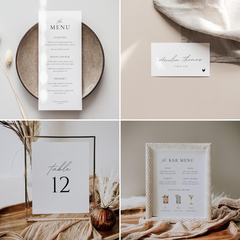 May include: A collage of wedding stationery elements. Includes a menu, place card, table number, and bar menu. The menu and bar menu are in white frames. The table number is in a clear frame. All have elegant, minimalist designs.