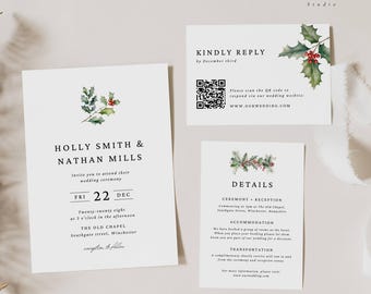 May include: A white wedding invitation suite featuring a holly and berry design. The invitation includes the names "Holly Smith & Nathan Mills", the date "FRI 22 DEC", and the time "Twenty-twenty eight at 3 o'clock in the afternoon". The invitation also includes the location "THE OLD CHAPEL Southgate street, Winchester" and the text "reception to follow". The RSVP card includes a QR code and the website "www.ouewedding.com". The details card includes the text "CEREMONY & RECEPTION Commencing at 3pm at The Old Chapel, Southgate Street, Winchester, Hampshire", "ACCOMMODATION", "TRANSPORTATION", and the website "www.ouewedding.com".