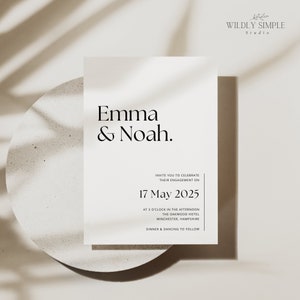 Puede incluir: Una invitación de boda minimalista con los nombres "Emma & Noah" en texto negro sobre fondo blanco. La invitación anuncia su compromiso el 17 de mayo de 2025, a las 3 de la tarde en el hotel The Oakwood en Winchester, Hampshire. La invitación también incluye el texto "Cena y baile a continuación".
