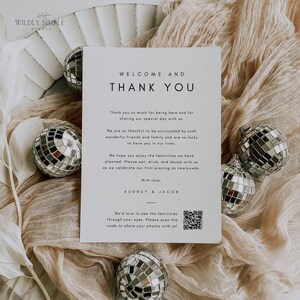 Cartões de agradecimento de casamento com código QR, cartão de agradecimento por vir, cartão de mesa, nota de boas-vindas para recepção para impressão, modelo editável Canva WSS05