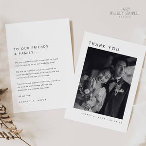Cartão de agradecimento com foto após o casamento, nota simples com imagem, casamento minimalista moderno, download instantâneo, modelo editável do Canva, WSS05