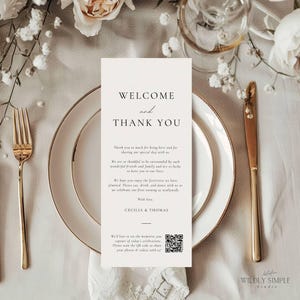 Marque-place avec code QR, remerciements pour votre venue pour le mariage, décoration de table, mot de bienvenue à imprimer pour la réception, modèle canva modifiable WSS04