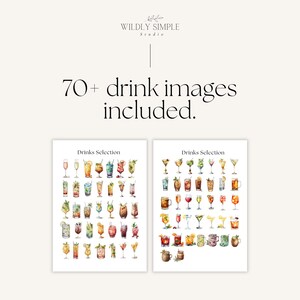 May include: Two prints showcasing watercolor illustrations of various cocktails and mixed drinks. The text "70+ drink images included" is displayed above the prints. The prints are labeled "Drinks Selection" and feature a variety of colorful beverages.