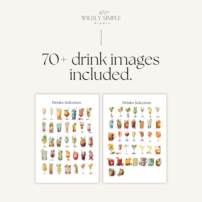 May include: Two prints showcasing watercolor illustrations of various cocktails and mixed drinks. The text "70+ drink images included" is displayed above the prints. The prints are labeled "Drinks Selection" and feature a variety of colorful beverages.