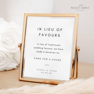 Letrero de "En lugar de favores", plantilla sencilla de donación a una organización benéfica para bodas, tarjeta de mesa imprimible para hacer tú mismo, editable con Canva, descarga instantánea, WSS05