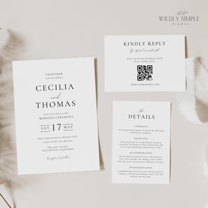 Ensemble élégant de faire-part de mariage, suite de modèles de toile minimaliste simple, invitation RSVP avec code QR, jeu de cartes détaillées, téléchargement immédiat - WSS04