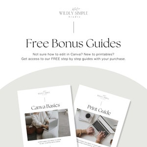 Może przedstawiać: Dwie drukowalne instrukcje z białym tłem i czarnym tekstem. Instrukcja po lewej stronie nosi tytuł "Canva Basics", a instrukcja po prawej stronie nosi tytuł "Print Guide". Obie instrukcje przedstawiają osobę korzystającą z laptopa.