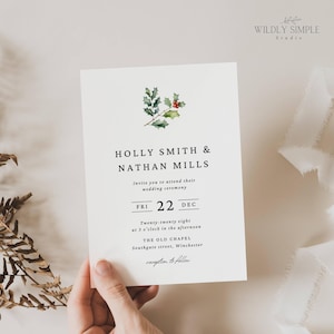 Faire-part de mariage de Noël à télécharger, carte d'invitation de mariage floral d'hiver, modèle de toile modifiable, houx festif, verdure de décembre, WSS07