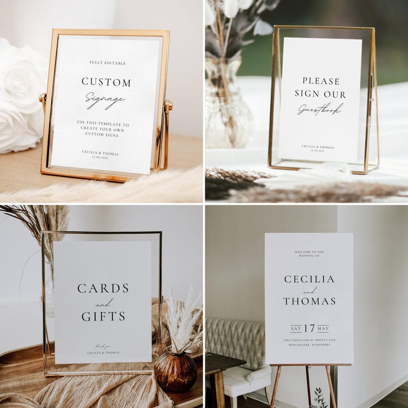 May include: A collection of wedding signage with gold and clear frames. The signs include text such as "Custom Signage", "Please Sign Our Guestbook", and "Cards and Gifts". The signs are displayed on tables and easels.