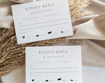 RSVP Card With Meal Choice, Elegant Kindly Reply Card, Wedding Food Icons, Menu Selection Response Card, Editable Canva Template - WSS04
